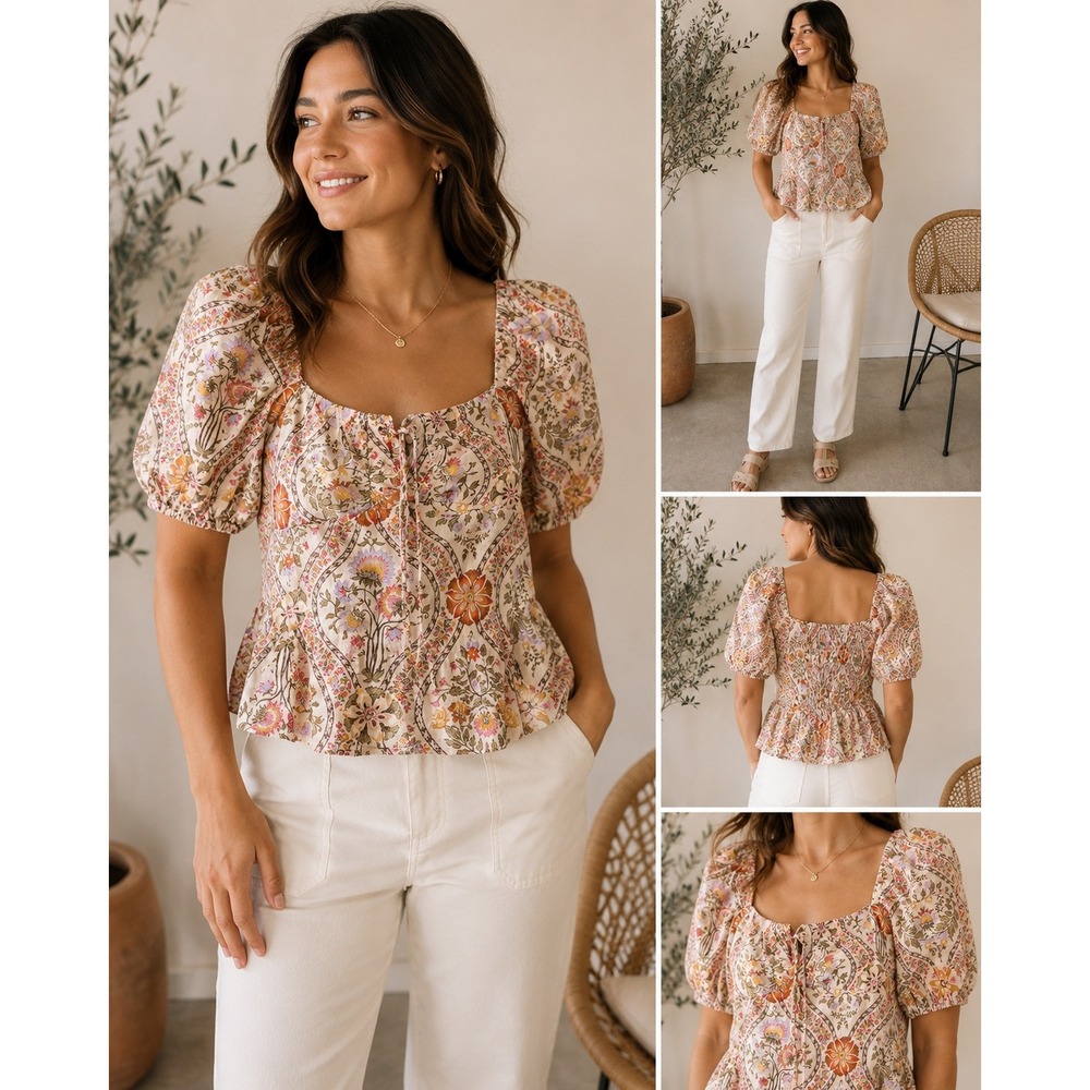 Derek Lam 10 Crosby Melanie Top Floral Paisley Linen Puff Sleeve Lace Up Top 4